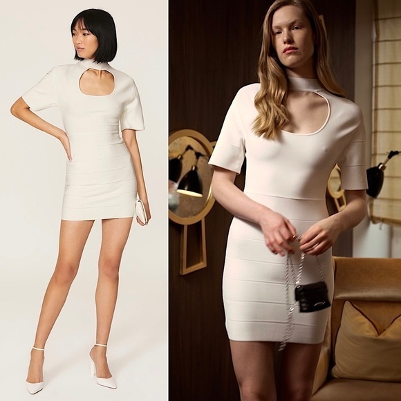 HERVE LEGER Ivory Cutout High Neck Short Sleeve Bodycon Bandage Mini Dress S - Picture 1 of 10